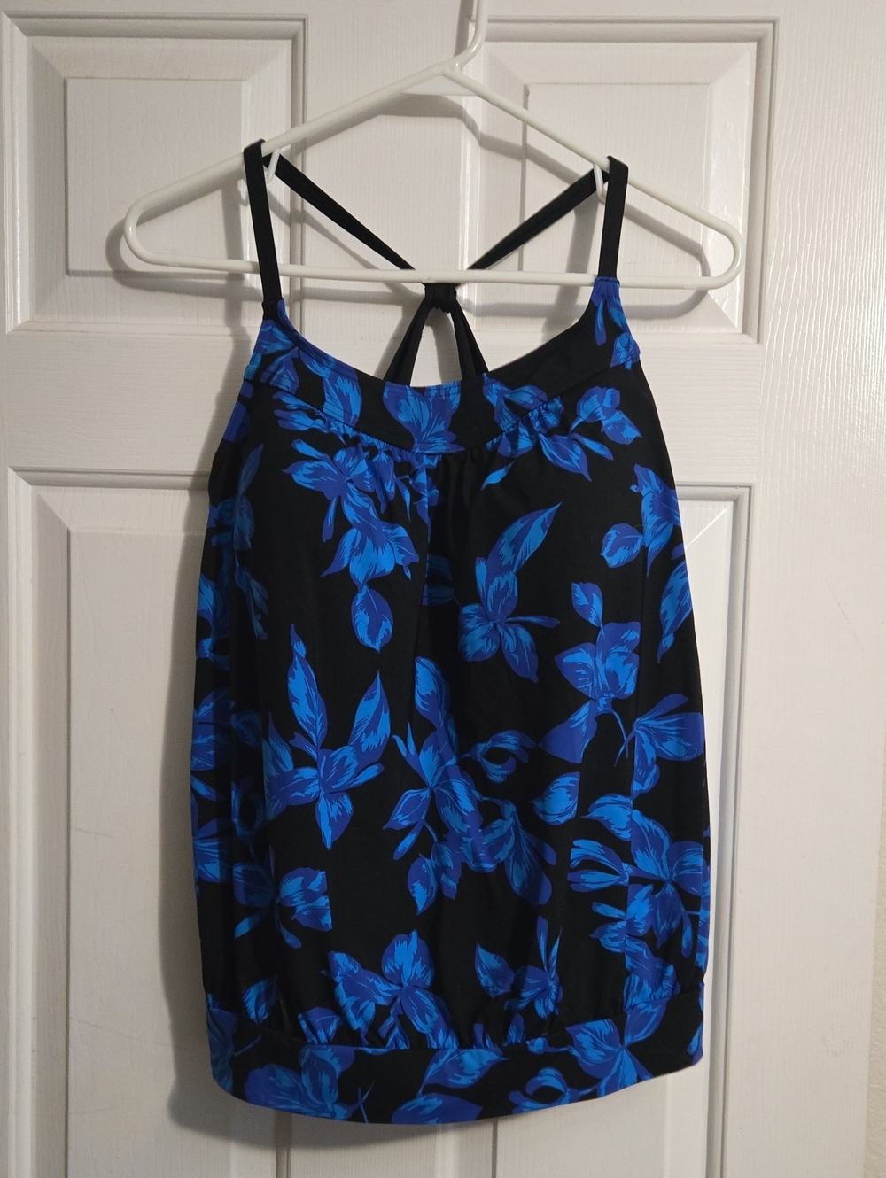 Lands' End Black Tankini Top with Blue Floral Print